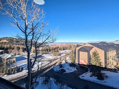 Wide aerial view of the lodge and surrounding forest