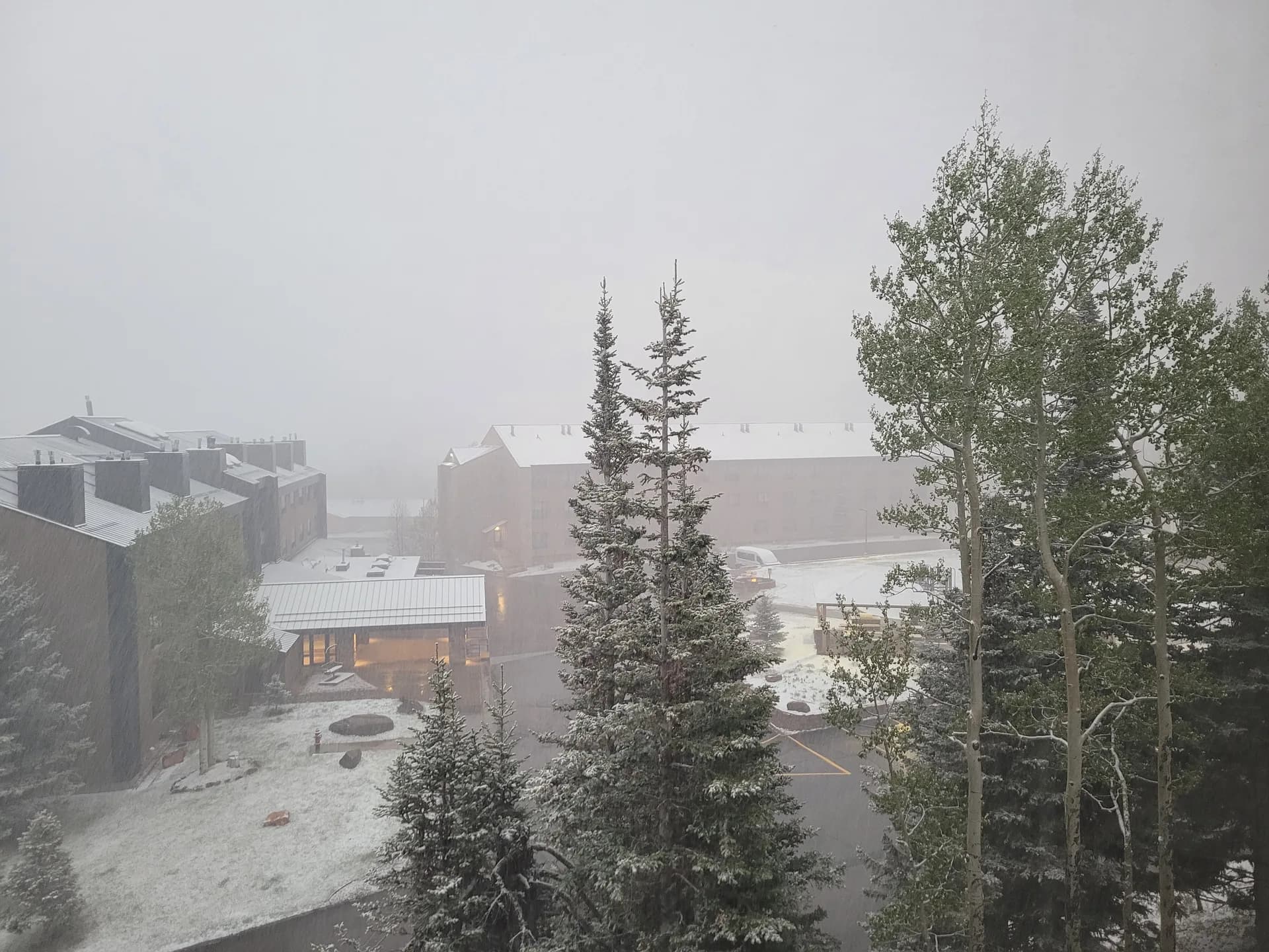 Snowy winter view from the condo with lodge buildings and evergreens