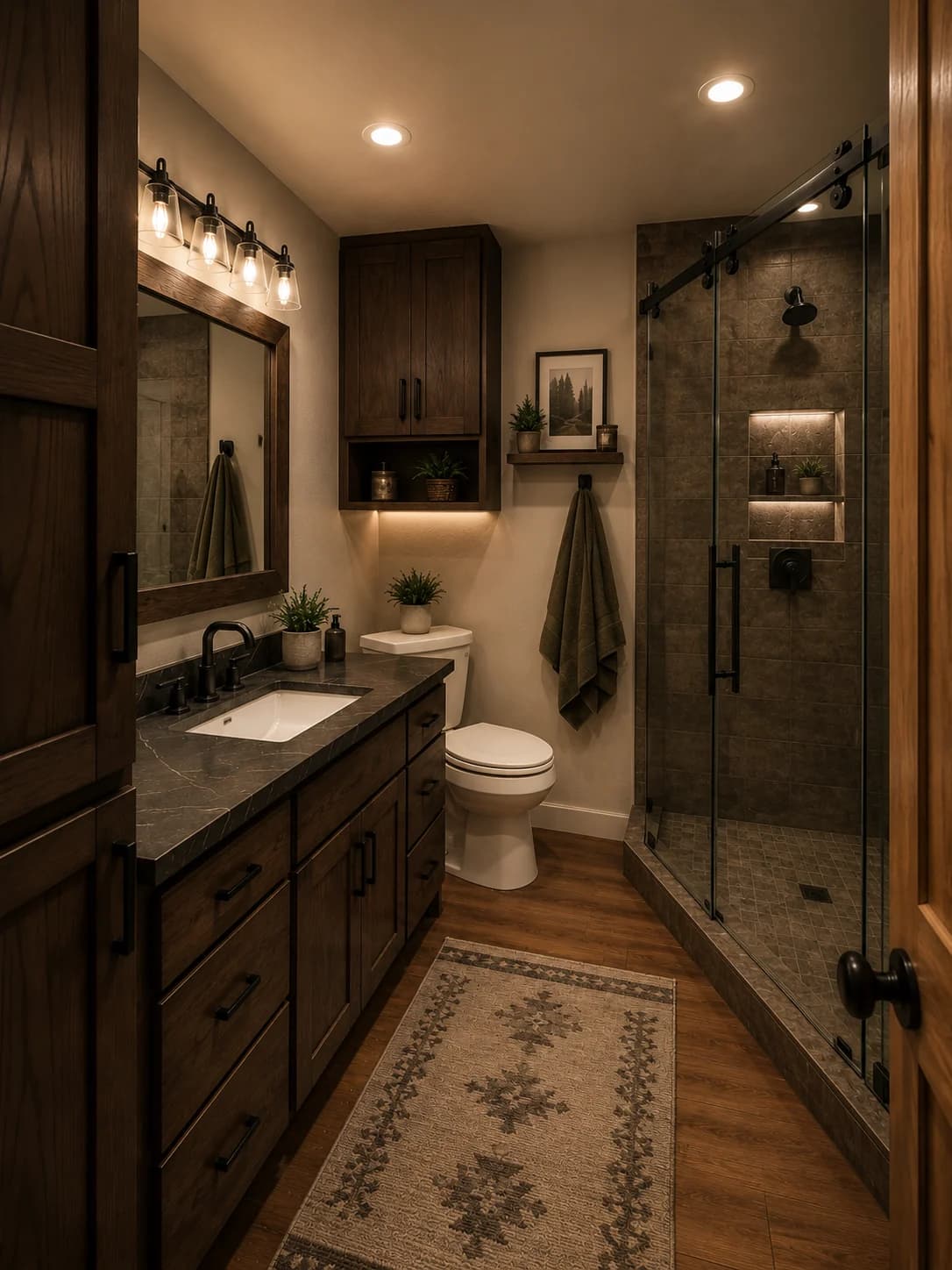 Rendered spa-style bathroom with walk-in shower and warm wood vanity