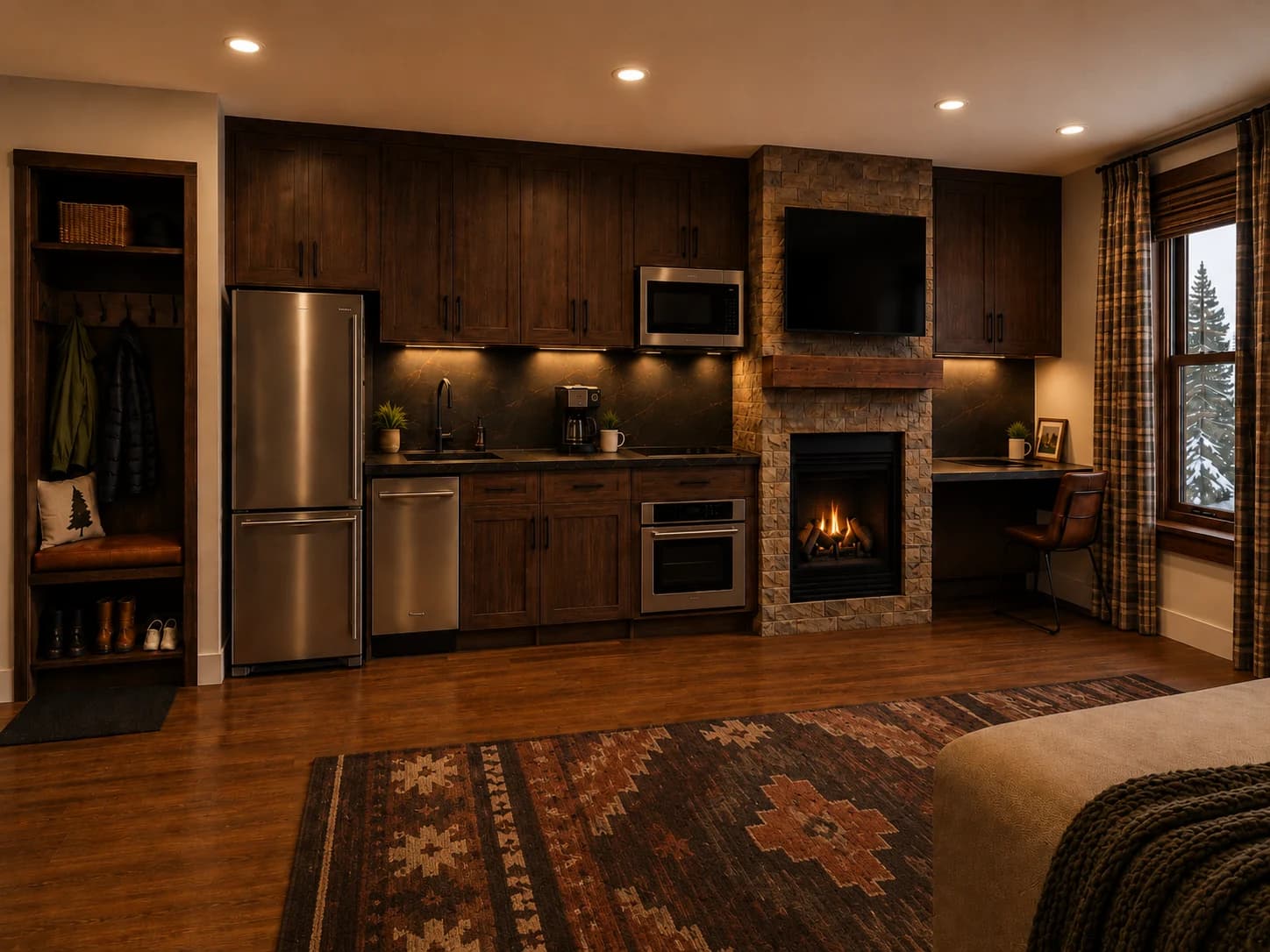 Rendered mountain-modern kitchen and living area with fireplace and warm wood finishes