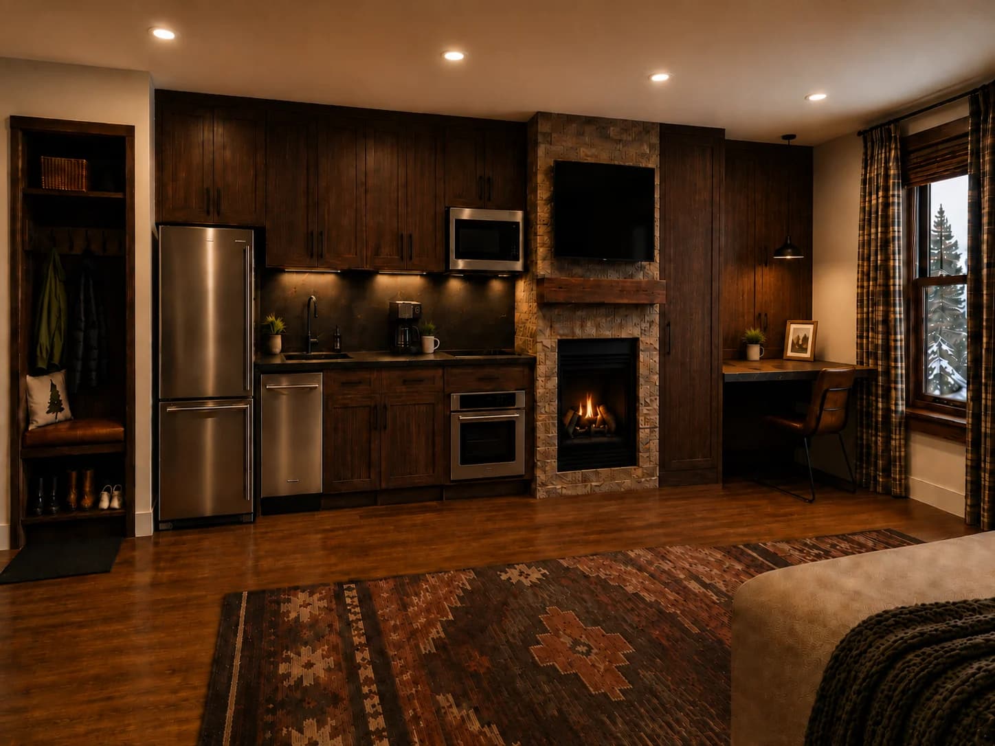 Rendered kitchen with stone surfaces and cozy lighting