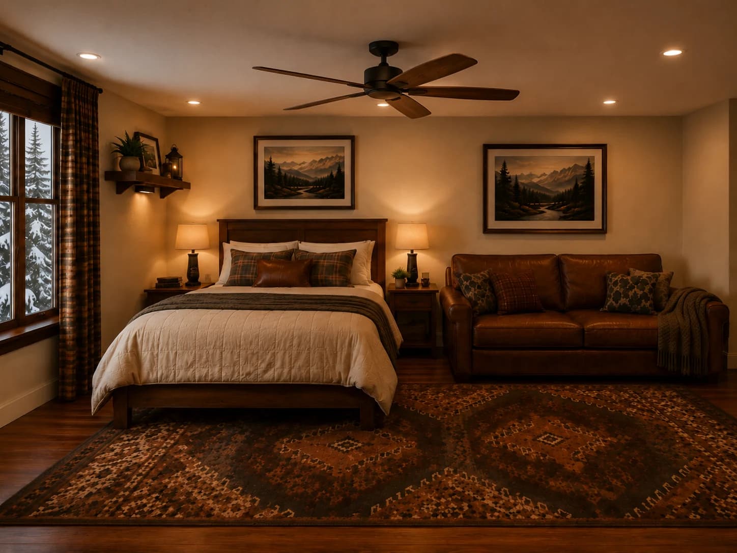 Rendered cozy bedroom and sitting area with warm lodge-style furnishings